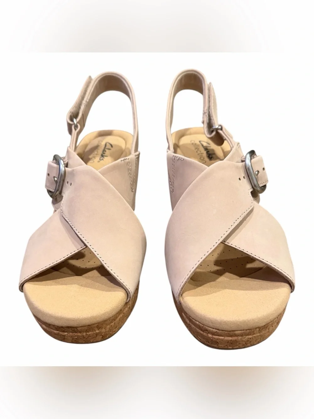 Clarks Cream Cork Wedge Sandals with Buckle